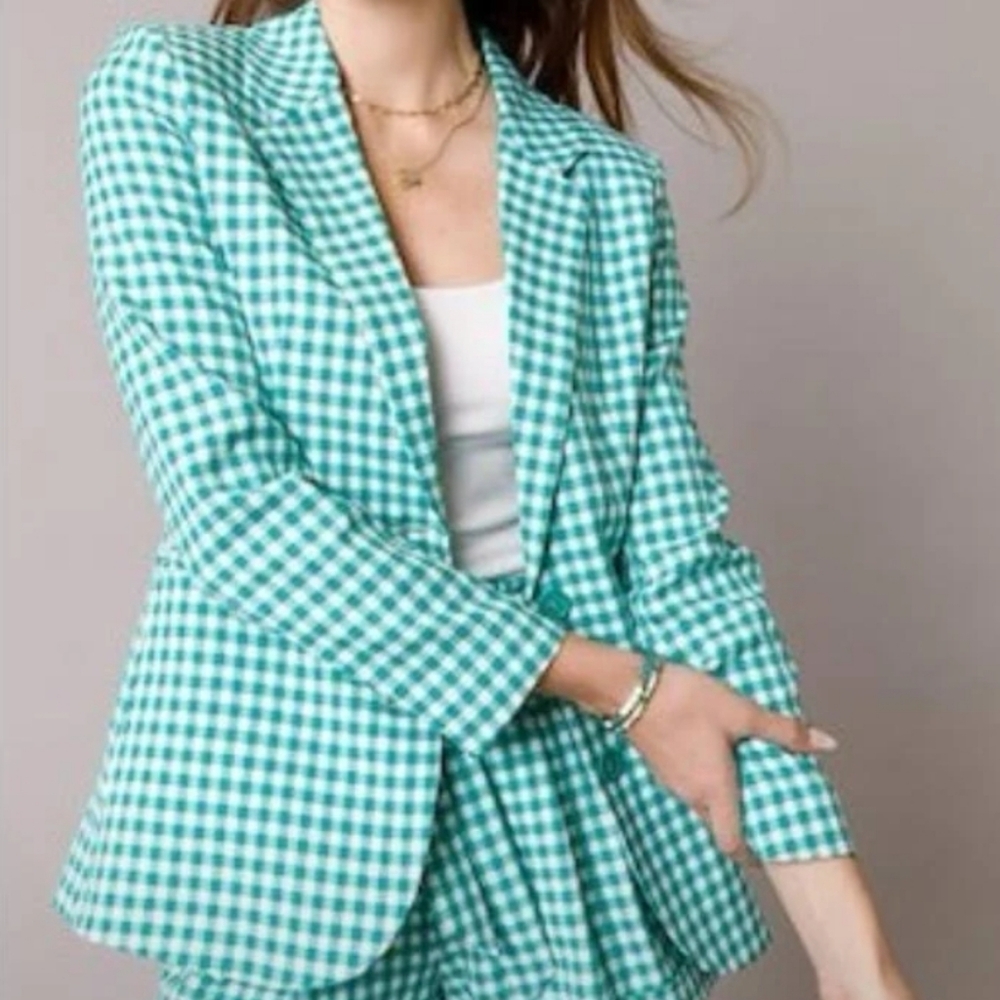 NWT Francesca’s ALYA Green Gingham Blazer Large Preppy Spring Jacket Checkered - Picture 8 of 9